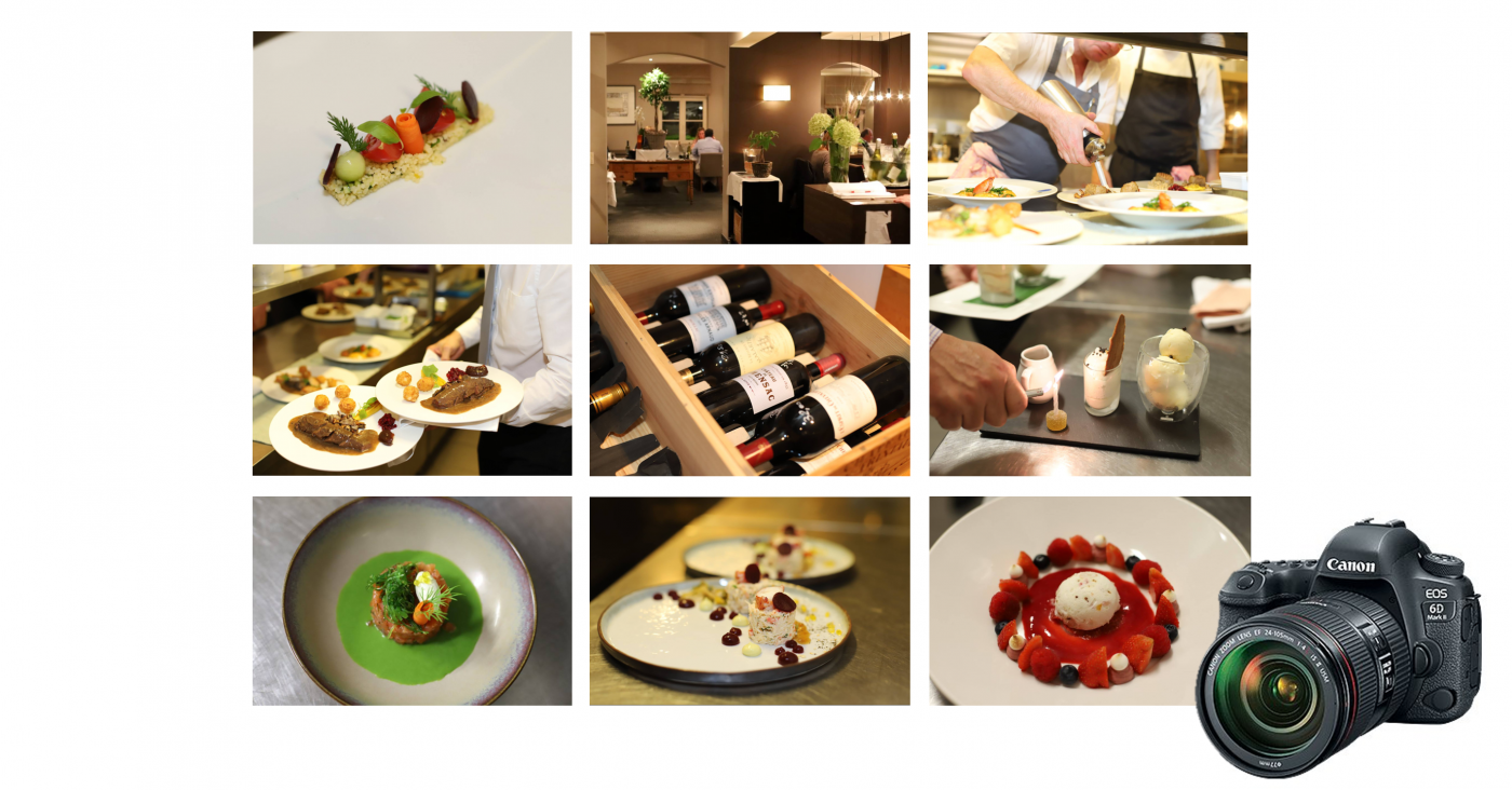 Collage de photographies professionnelles de plats, salle de restaurant, cave à vins et service